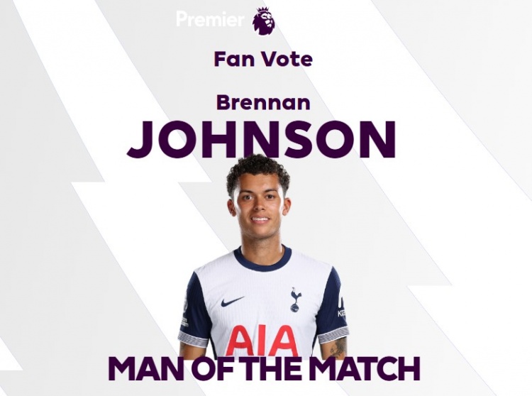 梅開二度！官方：布倫南-約翰遜當(dāng)選熱刺4-1伊普斯維奇全場(chǎng)最佳