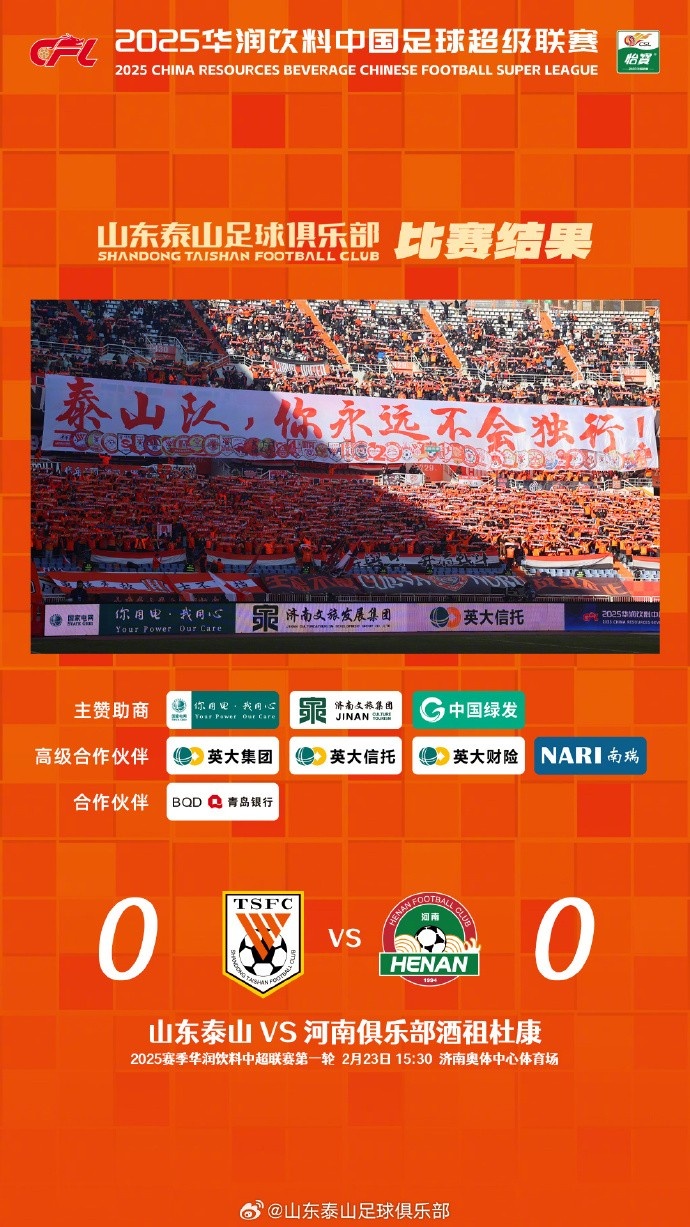 中超首戰(zhàn)，泰山隊(duì)雖未取勝，但全隊(duì)展現(xiàn)出了頑強(qiáng)的拼搏精神