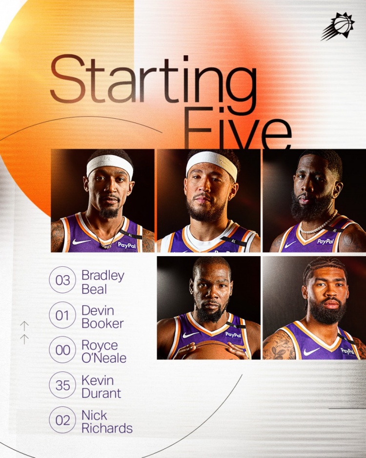 今日對陣猛龍！太陽首發(fā)：比爾、KD、布克、R-奧尼爾、理查茲