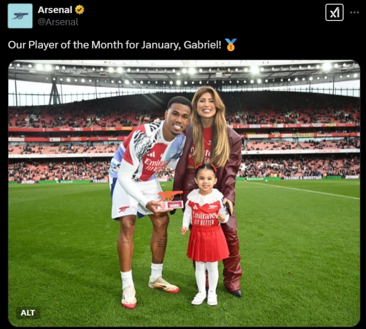 后防中堅！阿森納官方：加布里埃爾當(dāng)選隊內(nèi)1月份最佳球員