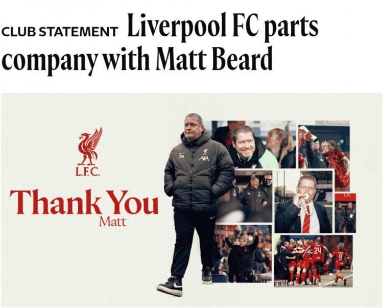 官方：利物浦女足主帥馬特-比爾德離任，懷特利擔任臨時教練