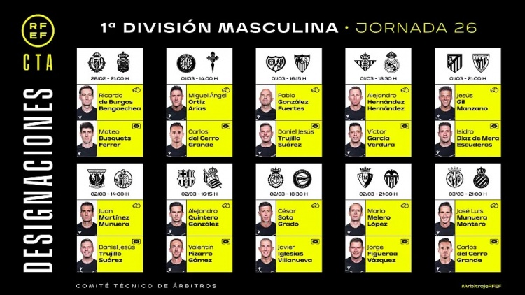 西甲第26輪裁判：埃爾南德斯執(zhí)法皇馬，昆特羅-岡薩雷斯主裁巴薩