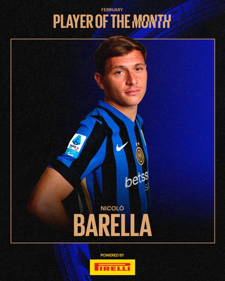 國米官方：巴雷拉當(dāng)選2月隊(duì)內(nèi)最佳，擊敗勞塔羅、鄧弗里斯等人