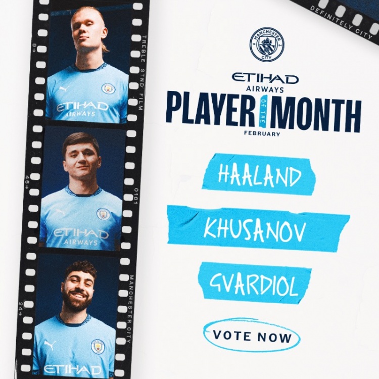 曼城2月隊內(nèi)最佳球員候選：哈蘭德、胡桑諾夫、格瓦迪奧爾