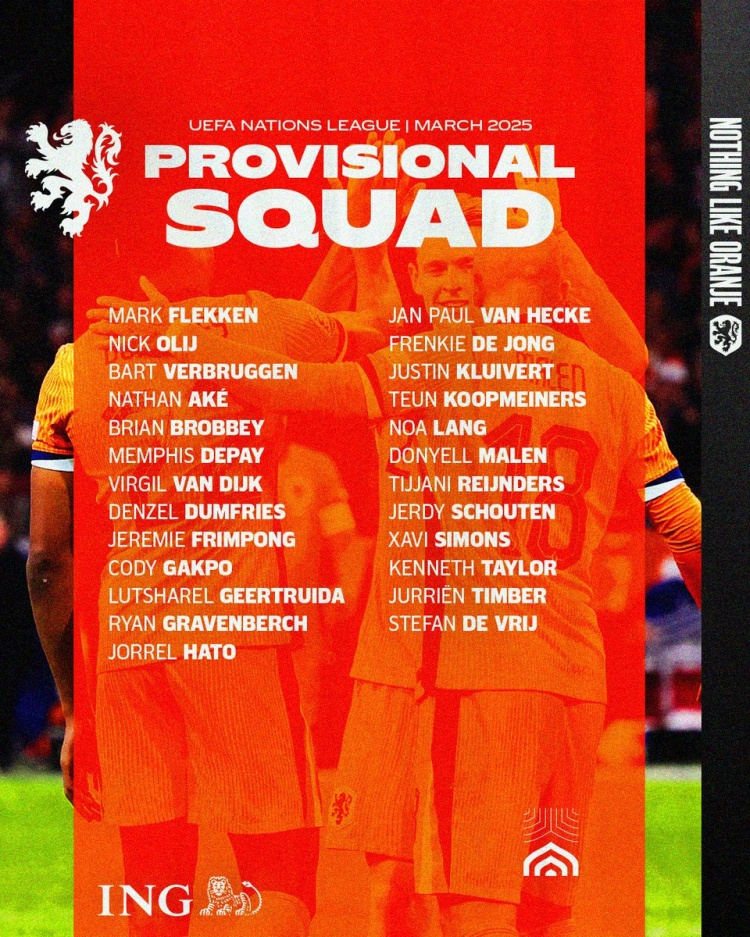 荷蘭歐國(guó)聯(lián)名單：范迪克、德容在列，德里赫特、齊爾克澤落選