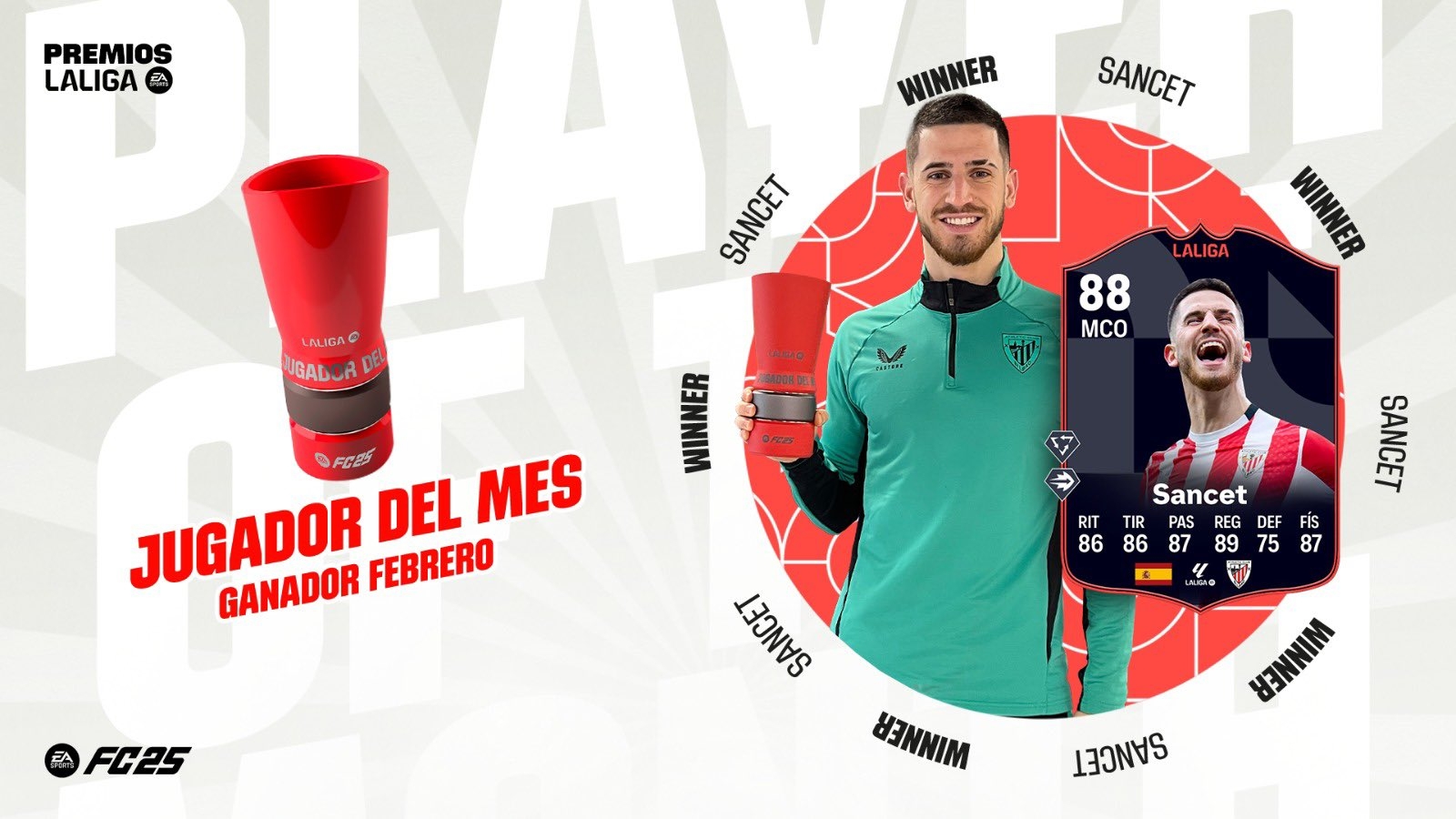 力壓姆巴佩&安東尼！官方：畢巴中場(chǎng)桑謝特當(dāng)選2月西甲最佳球員