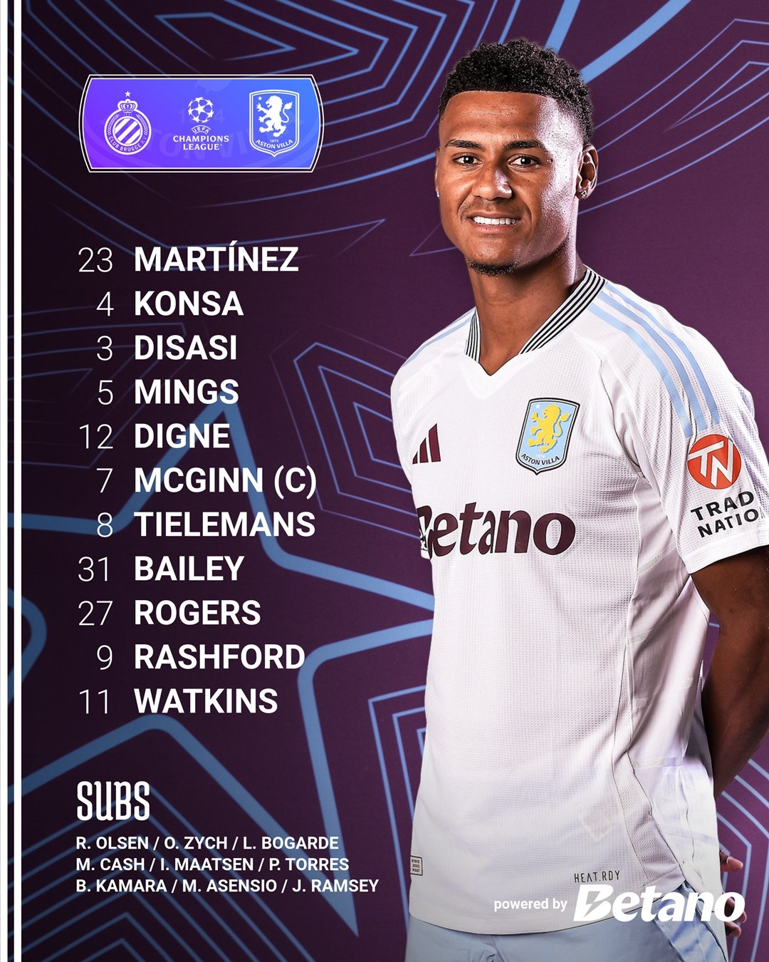 拉師傅出戰(zhàn)歐冠淘汰賽！維拉vs布魯日：拉什福德、沃特金斯先發(fā)