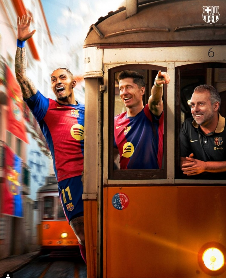 本賽季曾5-4險勝，巴薩發(fā)布對本菲卡海報：萊萬、拉菲尼亞出鏡