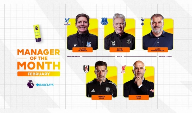 英超2月最佳教練候選：莫耶斯、斯洛特、波斯特科格魯在列