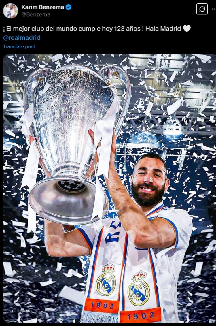 不忘舊主！本澤馬社媒曬昔日捧杯照紀(jì)念皇馬成立123周年