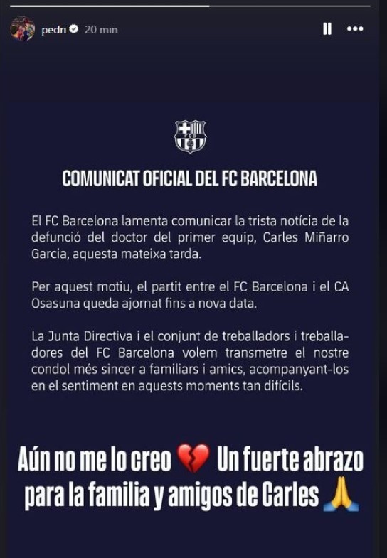 痛心！特爾施特根、佩德里、加維等球員社媒發(fā)文哀悼離世隊醫(yī)