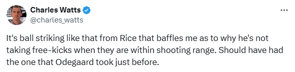 記者：為什么任意球不讓賴斯主罰呢？厄德高那球應(yīng)該讓賴斯去踢的