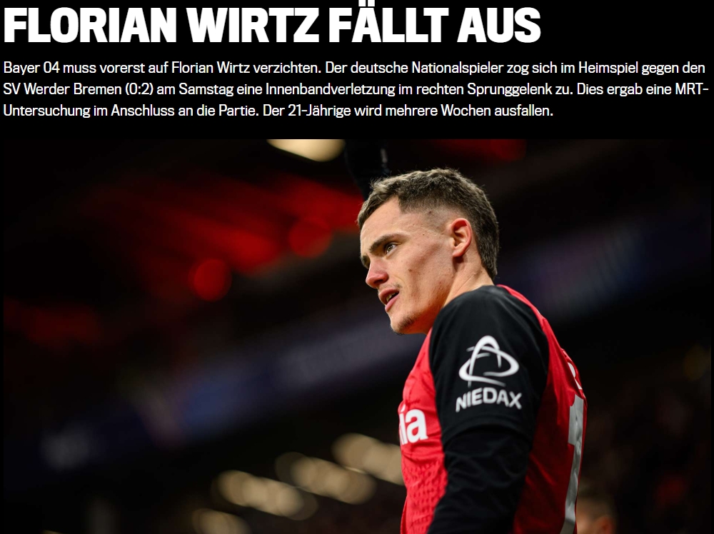 無緣次回合戰(zhàn)拜仁！官方：維爾茨右腳踝內(nèi)側(cè)韌帶受傷，將缺陣數(shù)周