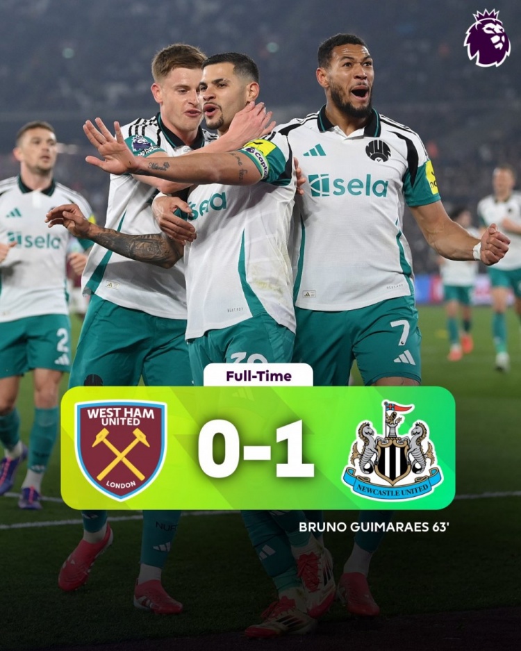 吉馬良斯制勝勝紐卡客場1-0擊敗西漢姆聯(lián)，喜鵲積分已追平曼城