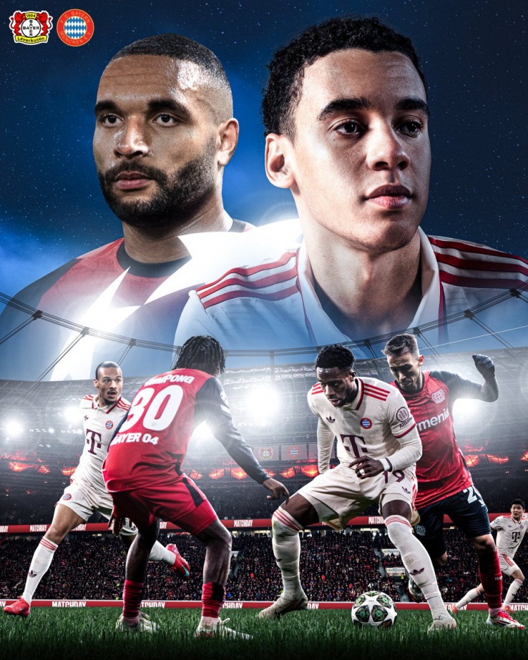 首回合3-0取勝！拜仁發(fā)布戰(zhàn)勒沃庫森海報：穆西亞拉對決若納坦-塔