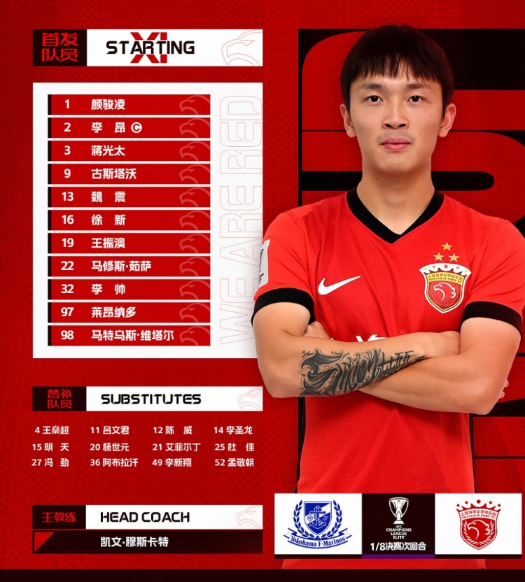 今日首發(fā)——亞冠精英聯(lián)賽1/8決賽次回合，橫濱水手vs上海海港