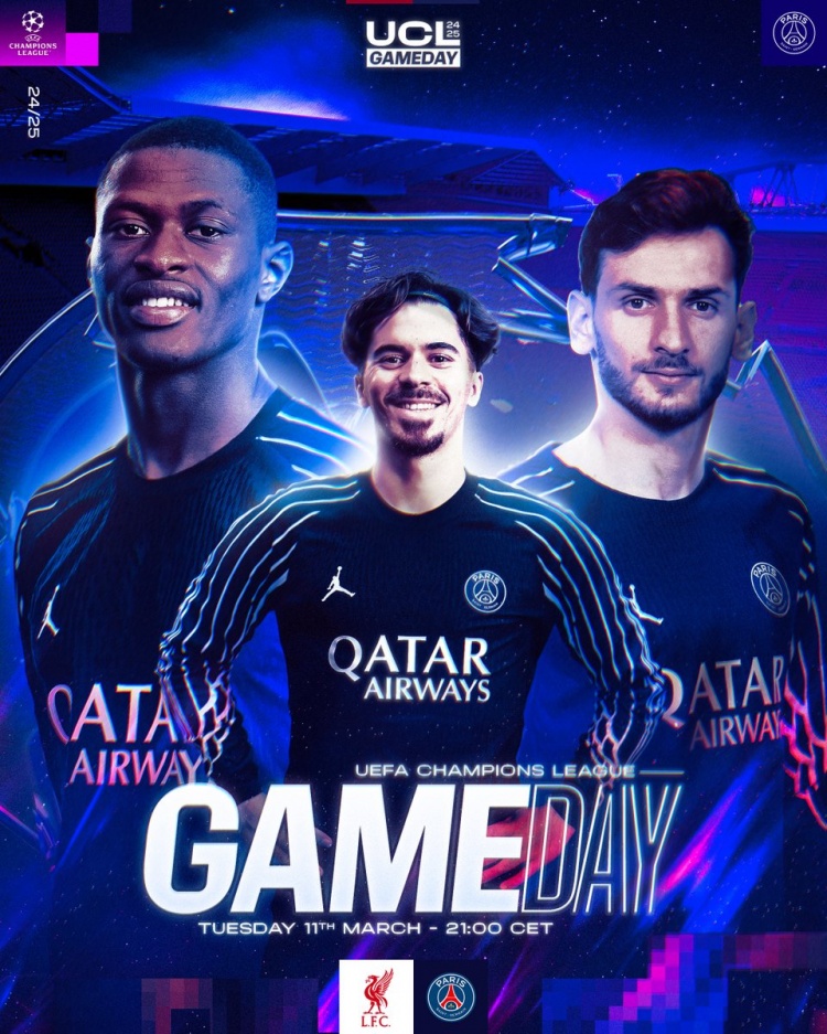 巴黎歐冠客戰(zhàn)利物浦海報(bào)：維蒂尼亞、努諾-門(mén)德斯、克瓦拉在列