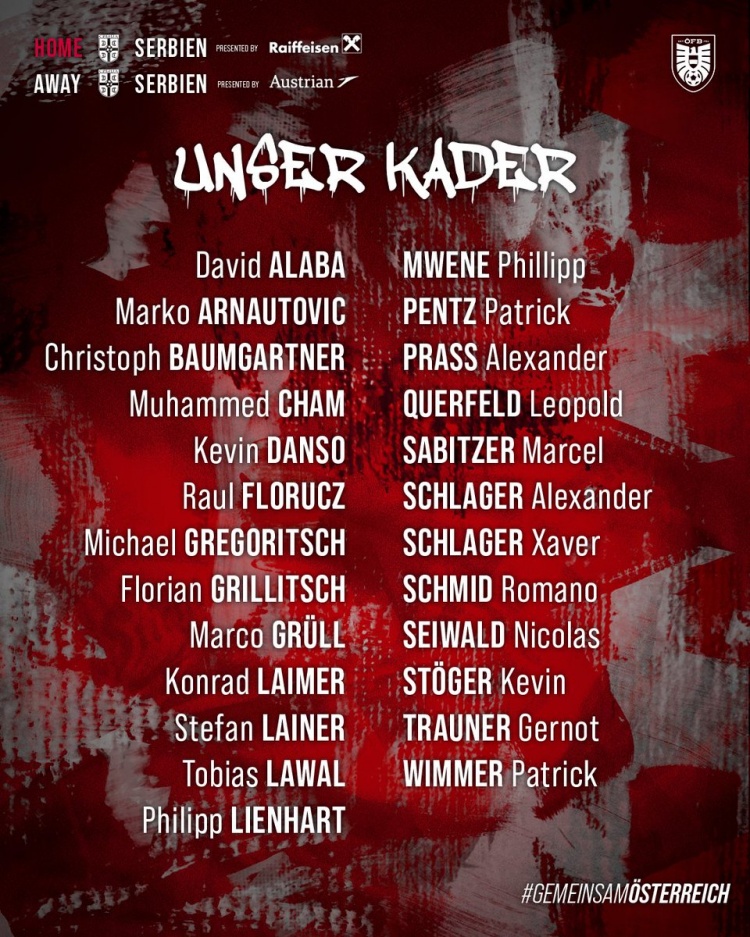 奧地利名單：阿拉巴領銜，阿瑙托維奇、薩比策、萊默爾、丹索在列