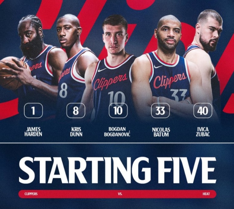 小卡輪休！快船首發(fā)：哈登、鄧恩、博格丹、巴圖姆、祖巴茨