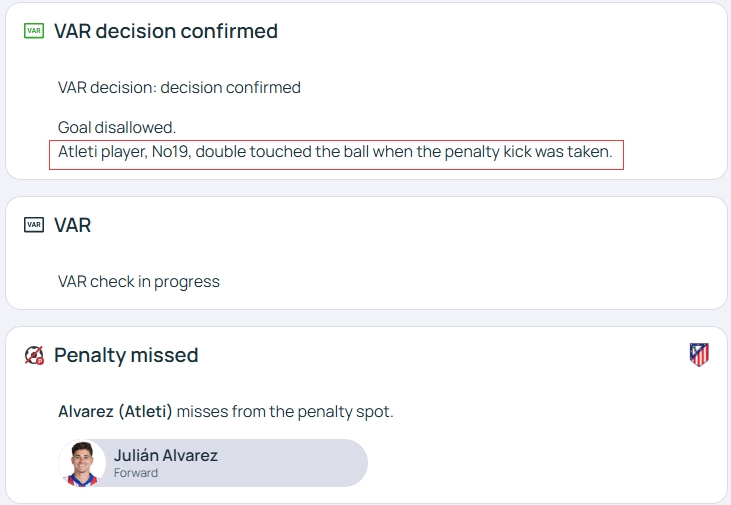 官方明確！歐冠官網(wǎng)：阿爾瓦雷斯罰點(diǎn)時(shí)2次觸球，VAR決定進(jìn)球無效