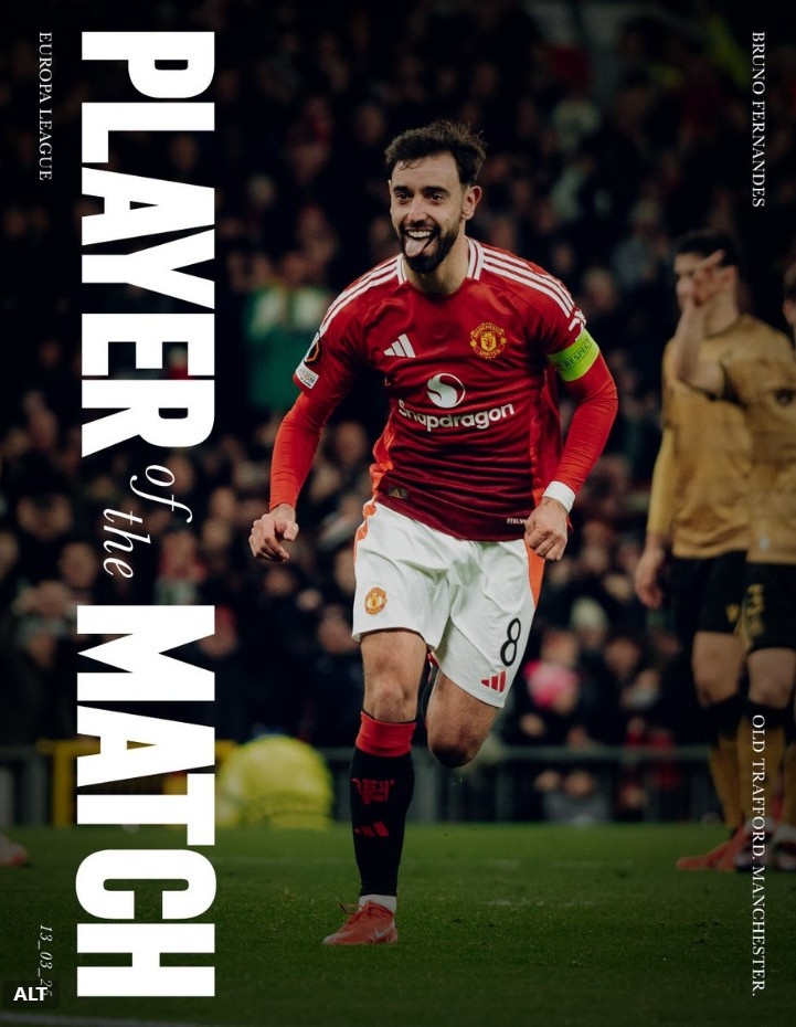 毋庸置疑，曼聯(lián)官方：上演帽子戲法的B費當選本輪歐聯(lián)隊內(nèi)最佳