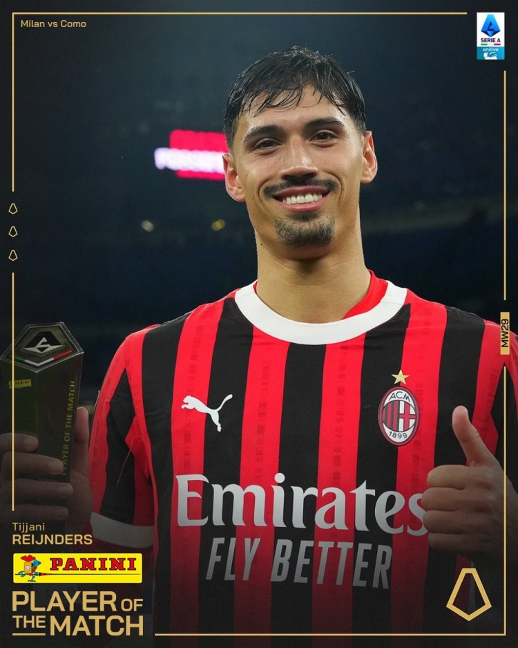 傳射建功！官方：賴因德斯當(dāng)選米蘭vs科莫全場(chǎng)最佳球員