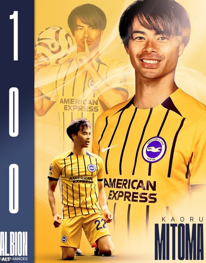 21球15助，布萊頓官方曬海報(bào)祝賀三笘薫達(dá)成100次出場(chǎng)里程碑