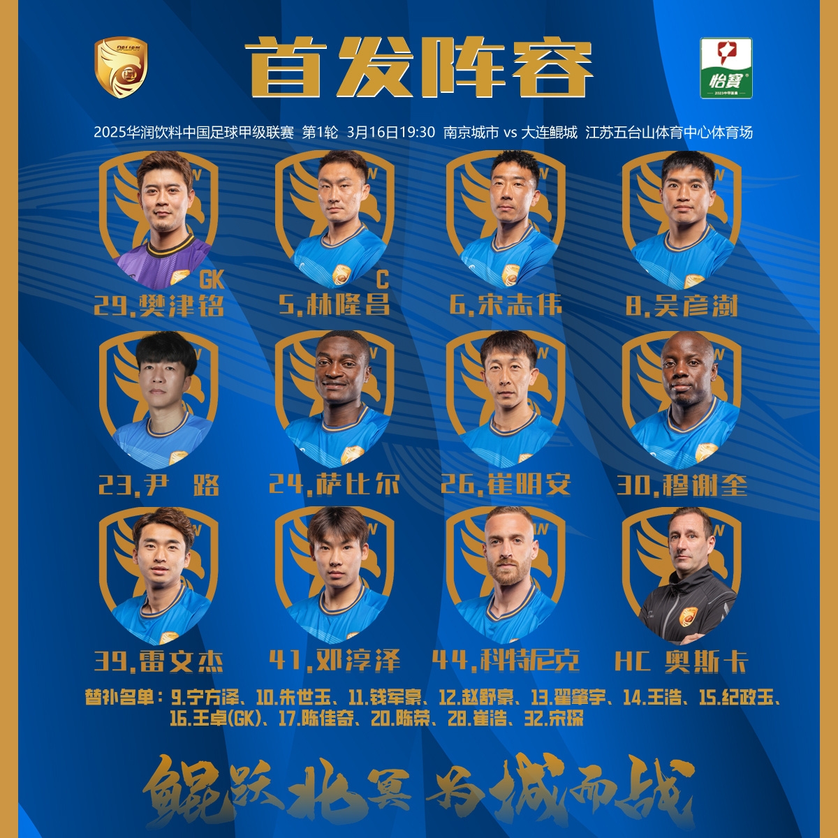 2025賽季中甲聯(lián)賽首輪，大連鯤城客場對陣南京城市首發(fā)出爐！