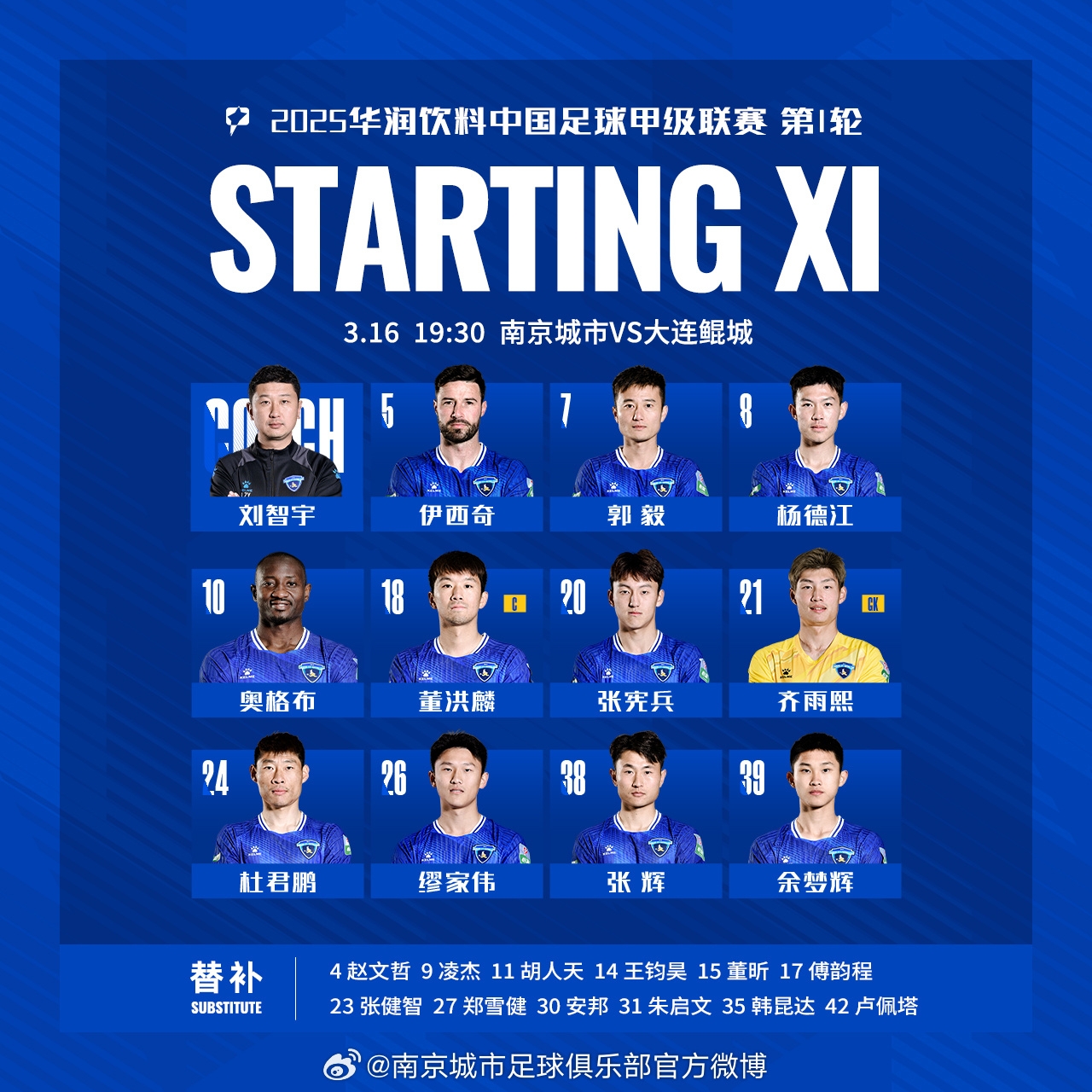 南京城市2025賽季首戰(zhàn)首發(fā)名單出爐！