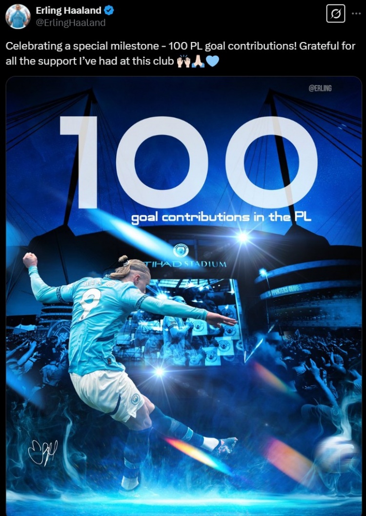 英超參與100球，哈蘭德社媒曬海報：紀(jì)念達(dá)成這一特殊的里程碑！