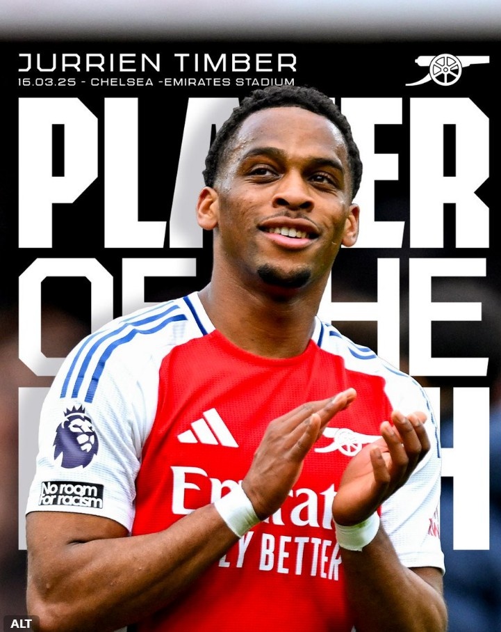 9次贏得對抗，阿森納官方：廷伯當(dāng)選對陣切爾西隊內(nèi)最佳球員