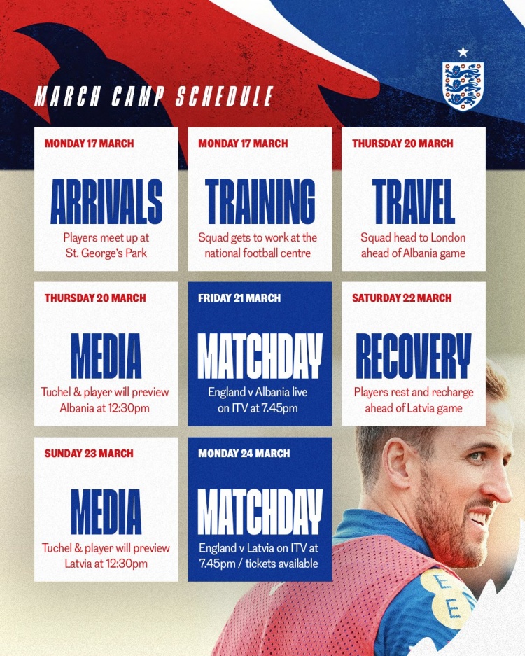 英格蘭本期集訓(xùn)日程：3月17日集合，將對陣阿爾巴尼亞、拉脫維亞