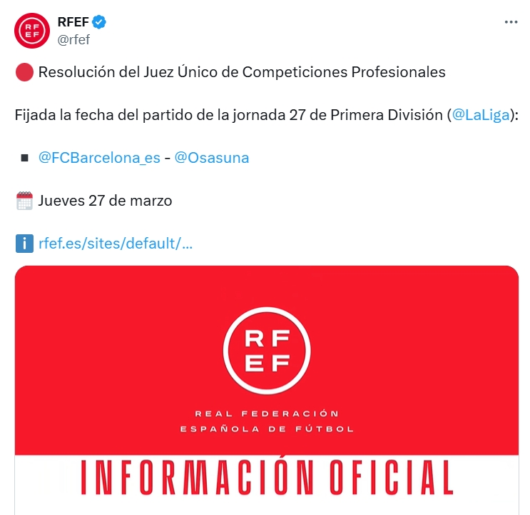 此前因巴薩隊醫(yī)去世延期！官方：巴薩vs奧薩蘇納補賽3月27日進行