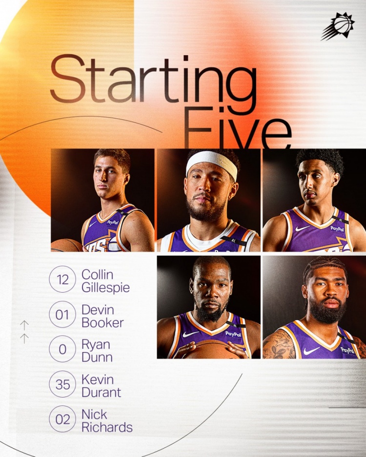 今日對(duì)陣猛龍！太陽(yáng)首發(fā)：吉萊斯皮、布克、鄧恩、KD、理查茲