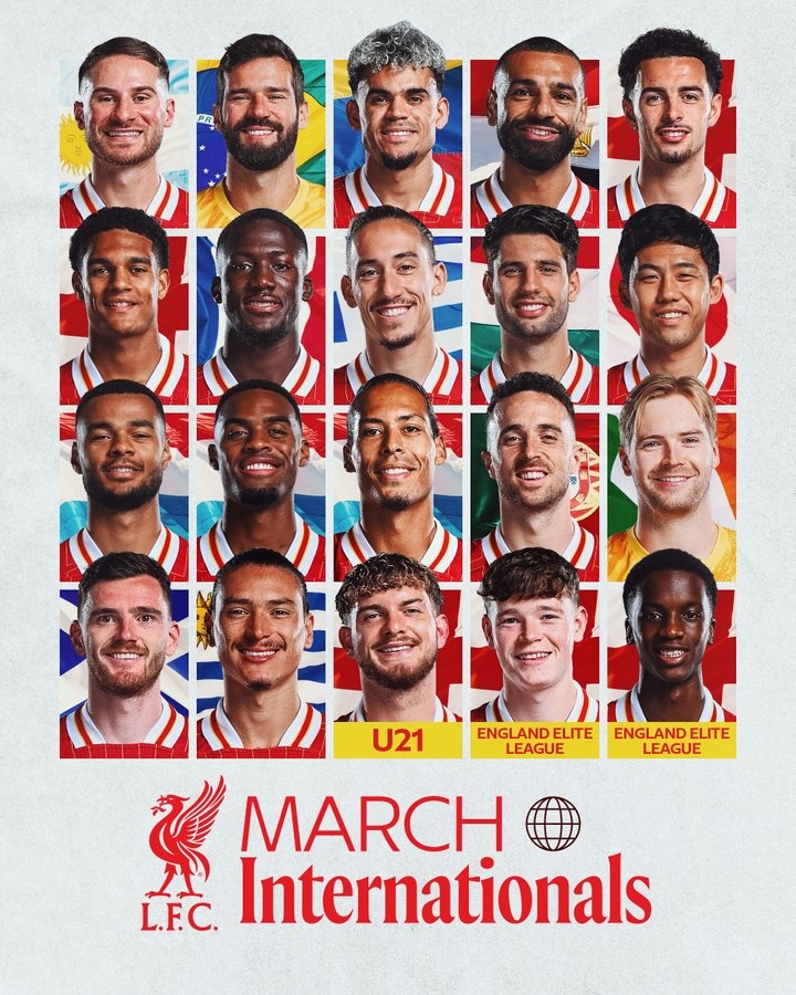 一共20人！利物浦曬隊(duì)內(nèi)國(guó)腳球員海報(bào)：祝國(guó)際比賽日一切順利