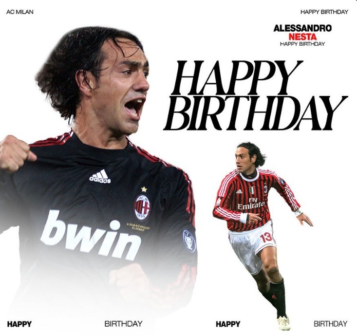 昔日防線中堅，AC米蘭官推曬照祝內(nèi)斯塔49歲生日快樂