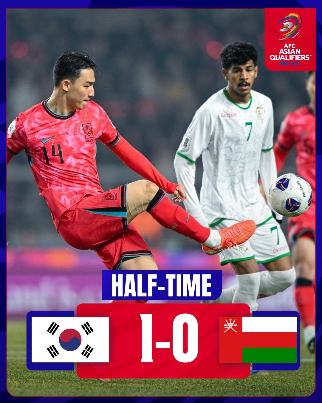 半場-李剛?cè)示钪比S喜燦破門白昇浩傷退 韓國暫1-0阿曼