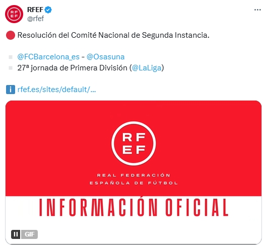 補賽仍在3月27日進行！官方：巴薩與奧薩蘇納的上訴被駁回