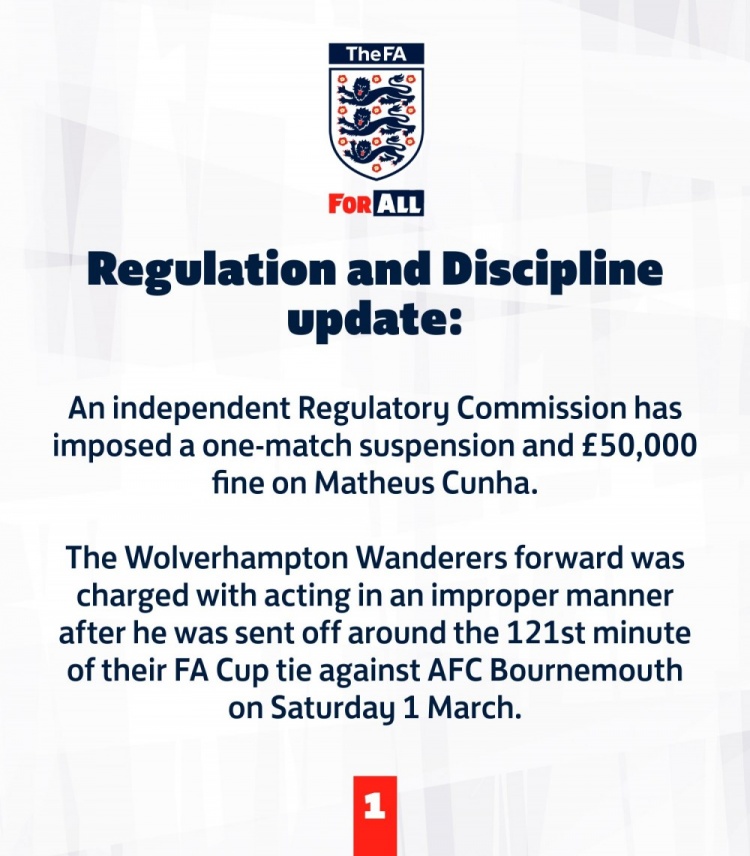 英足總官方：庫尼亞被罰下時(shí)行為不當(dāng)，被追加禁賽一場+罰款5萬鎊