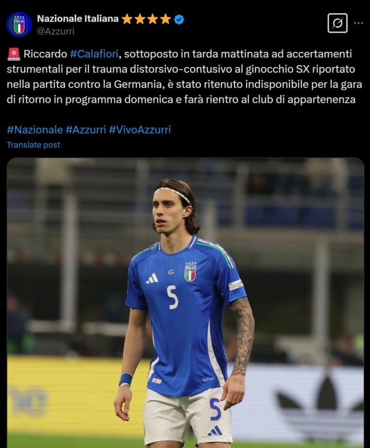 意大利隊(duì)官方：卡拉菲奧里左膝扭傷+挫傷，將返回阿森納