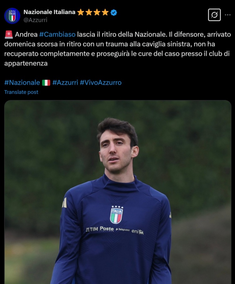 意大利隊官方：坎比亞索因左腳踝傷勢退出本期國家隊，將返回尤文