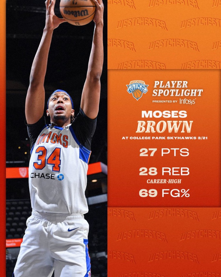 內(nèi)線大殺器！摩西-布朗今日發(fā)展聯(lián)盟比賽13中9爆砍27分28籃板