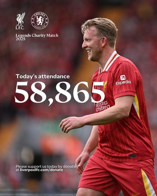 捧場(chǎng)！利物浦vs切爾西傳奇慈善賽現(xiàn)場(chǎng)共計(jì)有58865名觀眾