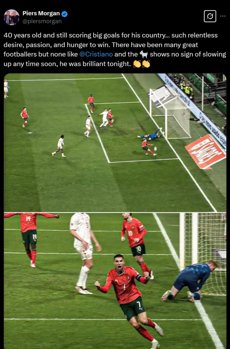 摩根叒稱贊C羅：40歲了還如此渴望勝利，沒有球員能做到GOAT這樣