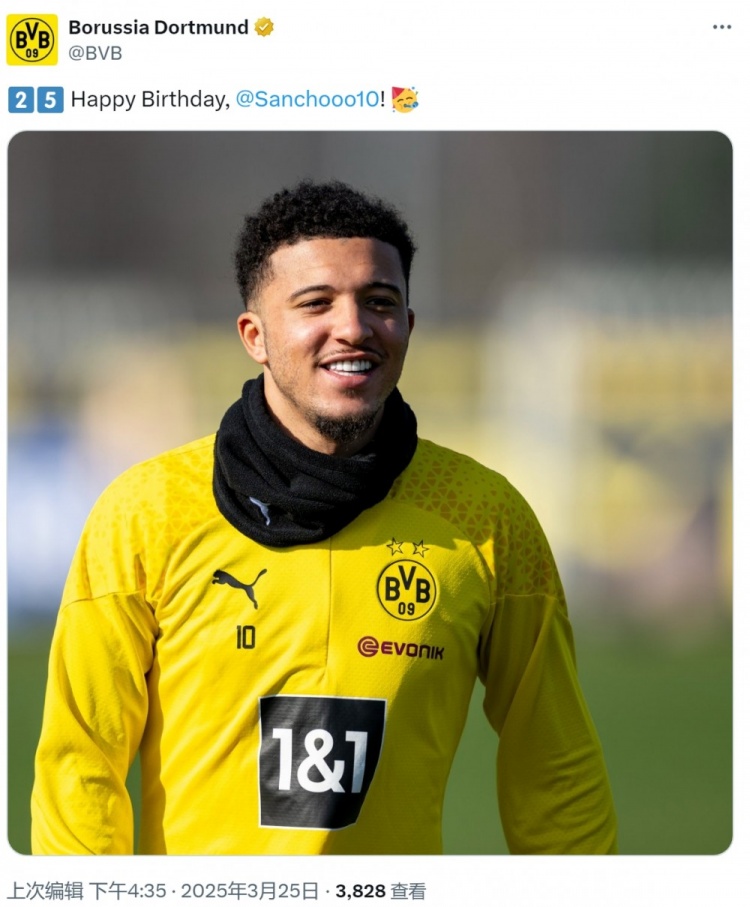 多特祝桑喬25歲生日快樂，球員效力期間出戰(zhàn)158場53球64助