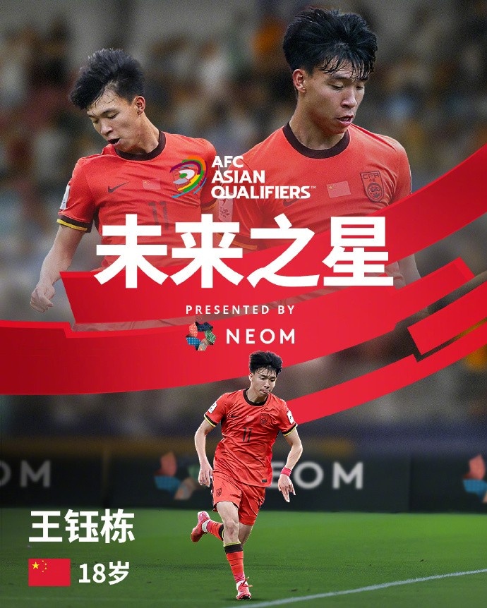 亞洲杯官方社媒發(fā)布王鈺棟個人海報：青年軍的旗幟，飄揚在前哨