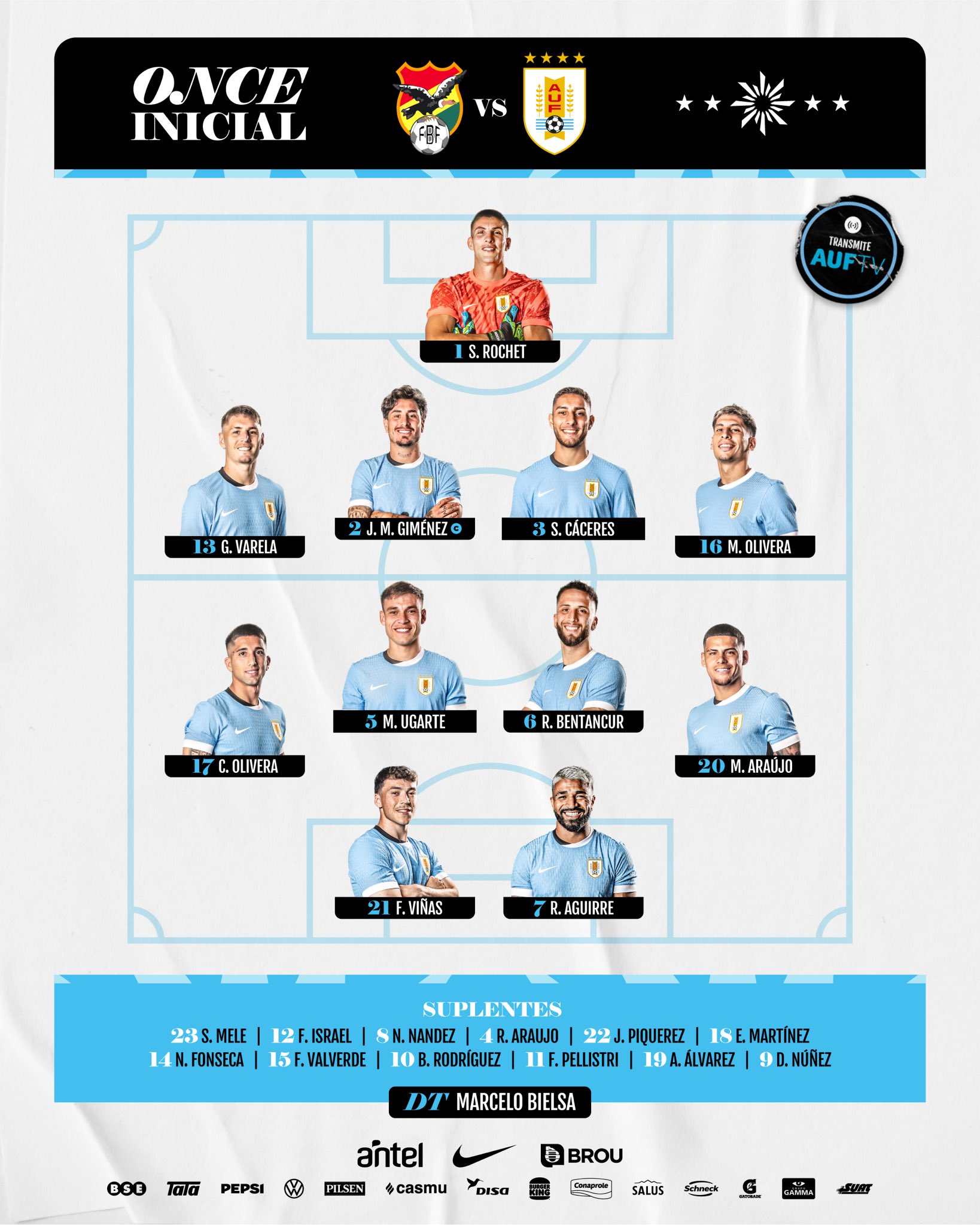 烏拉圭vs玻利維亞首發(fā)：巴爾韋德&阿勞霍&努涅斯替補(bǔ)，烏加特先發(fā)