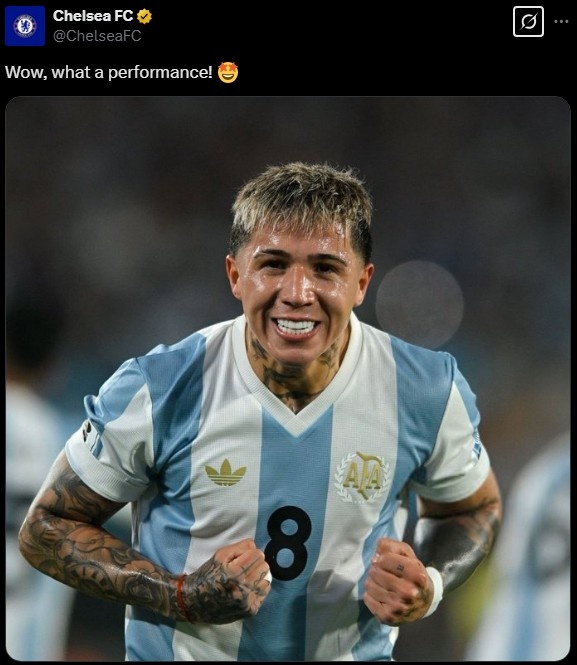 切爾西官推曬恩佐在阿根廷隊(duì)的照片：哇哦，多么出色的表現(xiàn)！
