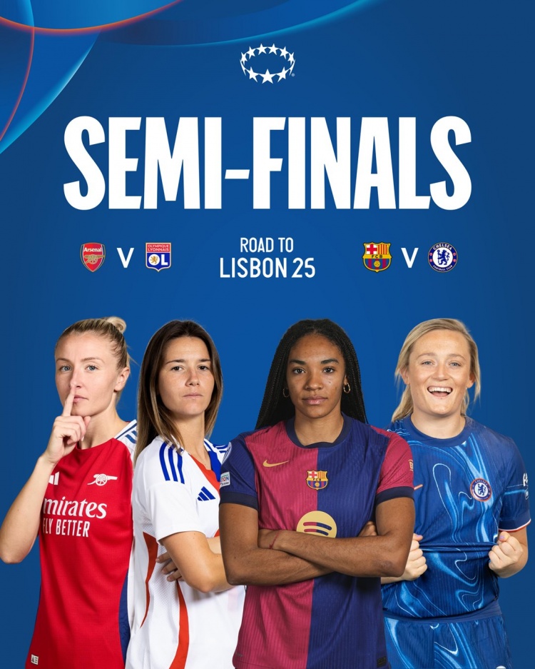 女足歐冠半決賽對(duì)陣：阿森納vs里昂，巴薩vs切爾西
