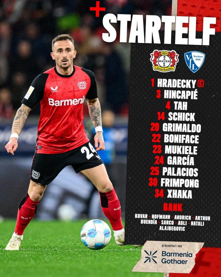 勒沃庫(kù)森vs波鴻首發(fā)：?？恕⒃ㄏ劝l(fā) 博尼法斯、弗林蓬出戰(zhàn)